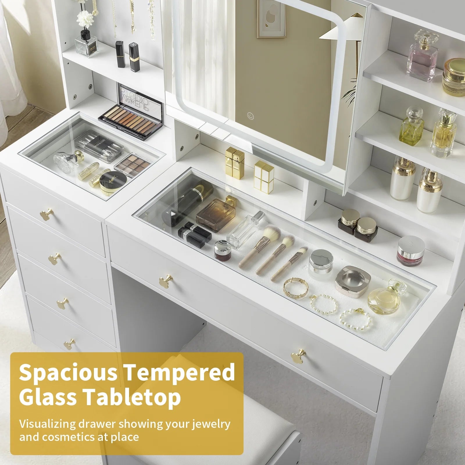 Large 47.2" Makeup Vanity with 3 Color Lights, Dressing Table with USB Charging Station, Gray