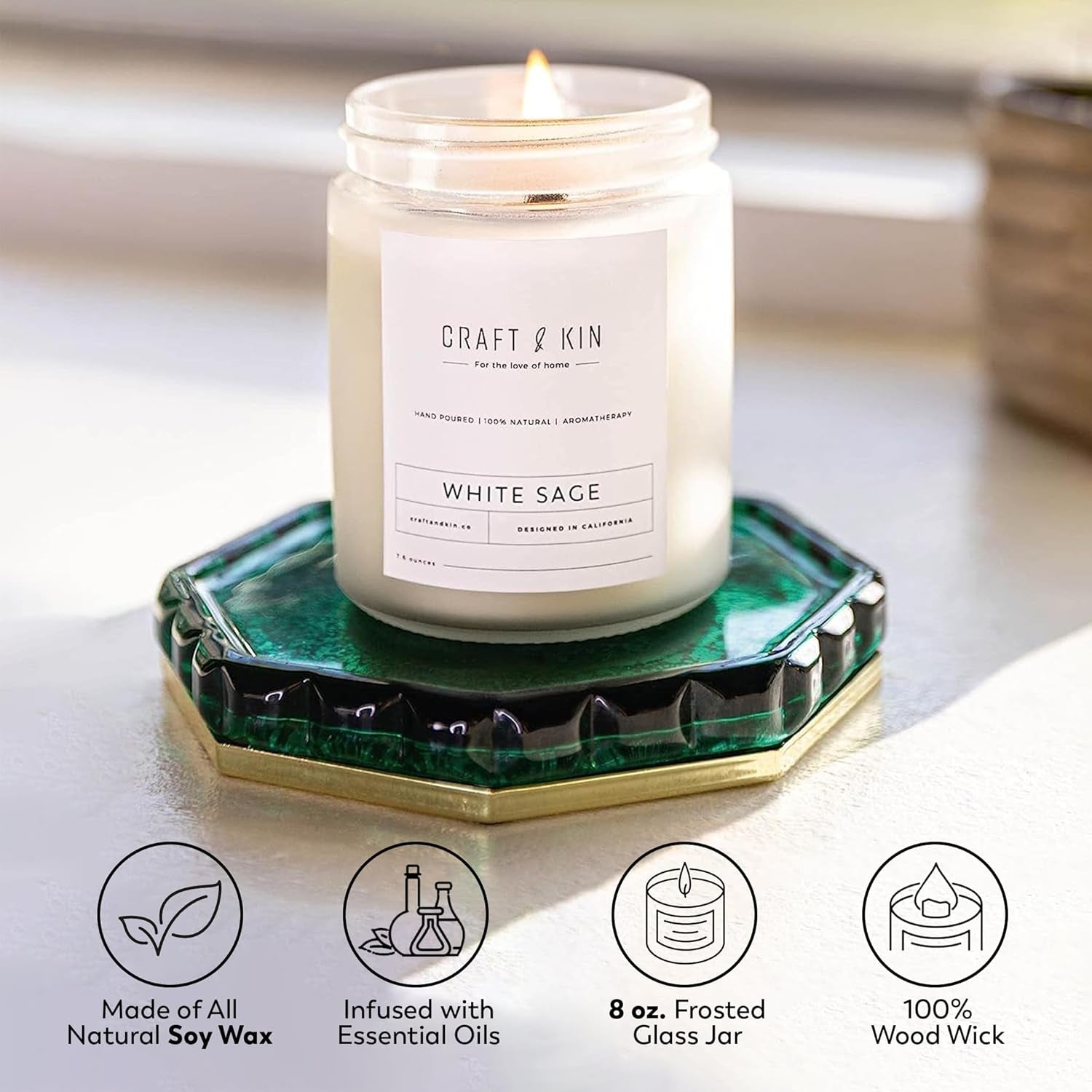 Premium White Sage Scented Candle – Long Lasting, 45 Hour Burn Time – Luxury Natural Soy Scented Candle – Room Decor and Aromatherapy – 8 Oz