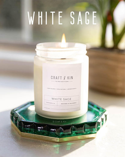 Premium White Sage Scented Candle – Long Lasting, 45 Hour Burn Time – Luxury Natural Soy Scented Candle – Room Decor and Aromatherapy – 8 Oz