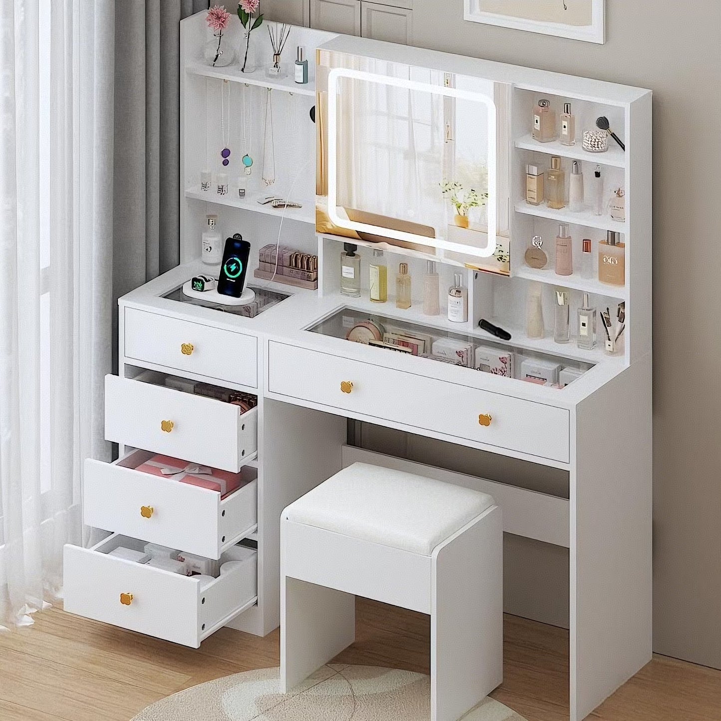 Large 47.2" Makeup Vanity with 3 Color Lights, Dressing Table with USB Charging Station, Gray
