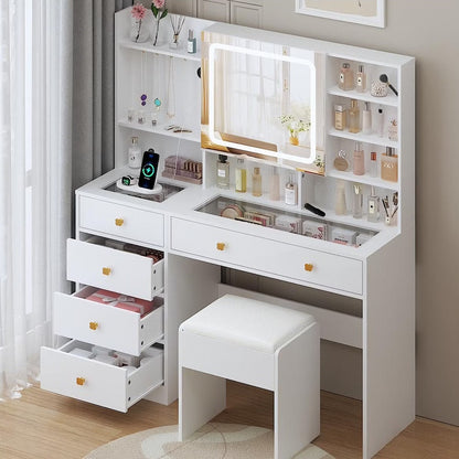 Large 47.2" Makeup Vanity with 3 Color Lights, Dressing Table with USB Charging Station, Gray