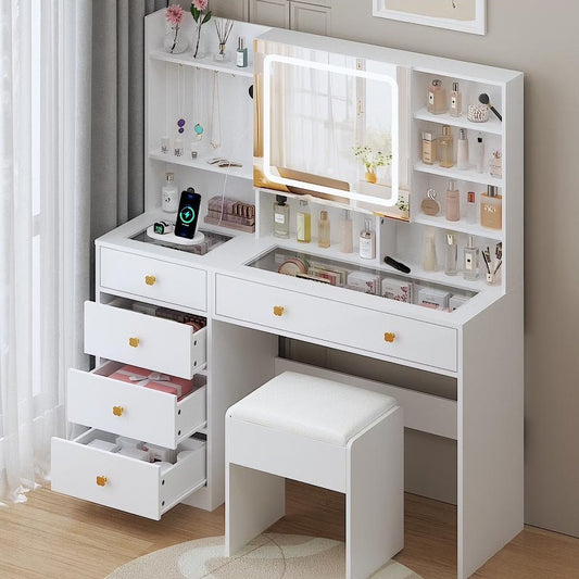 Large 47.2" Makeup Vanity with 3 Color Lights, Dressing Table with USB Charging Station, Gray
