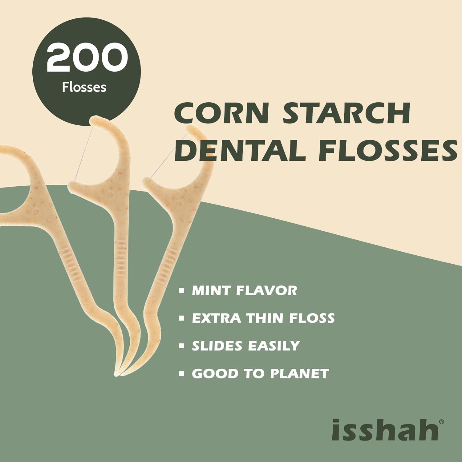Corn Starch Natural Dental Floss Picks - 200 Count - Mint | Mint Flavored Vegan Flossers. BPA Free, PETA Approved. Plant-Based 3-Inch Picks for Interdental Cleaning and Fresh Breath.
