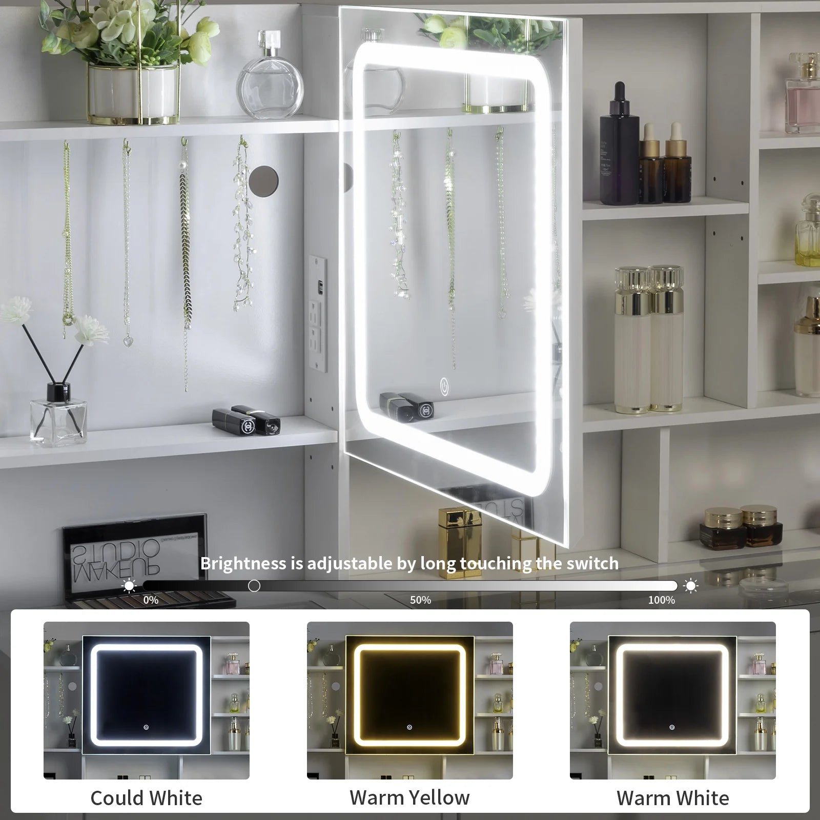 Large 47.2" Makeup Vanity with 3 Color Lights, Dressing Table with USB Charging Station, Gray