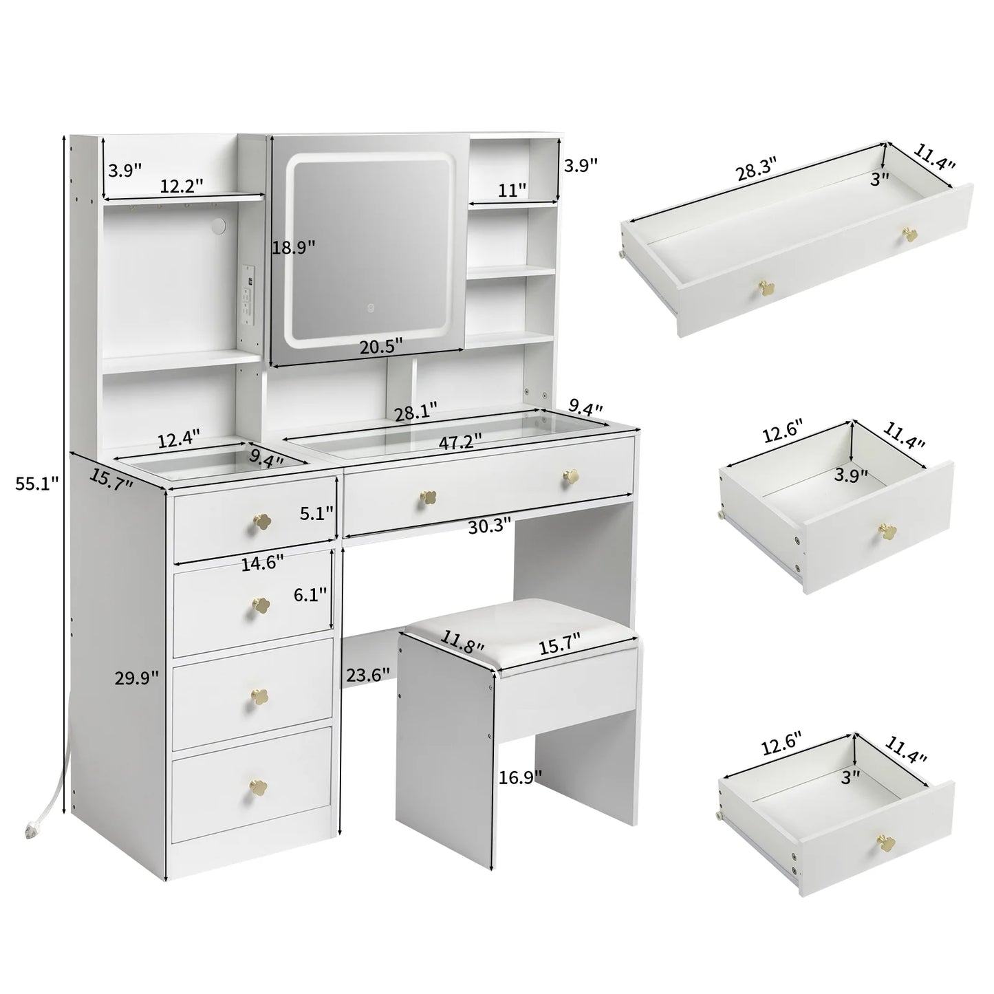Large 47.2" Makeup Vanity with 3 Color Lights, Dressing Table with USB Charging Station, Gray