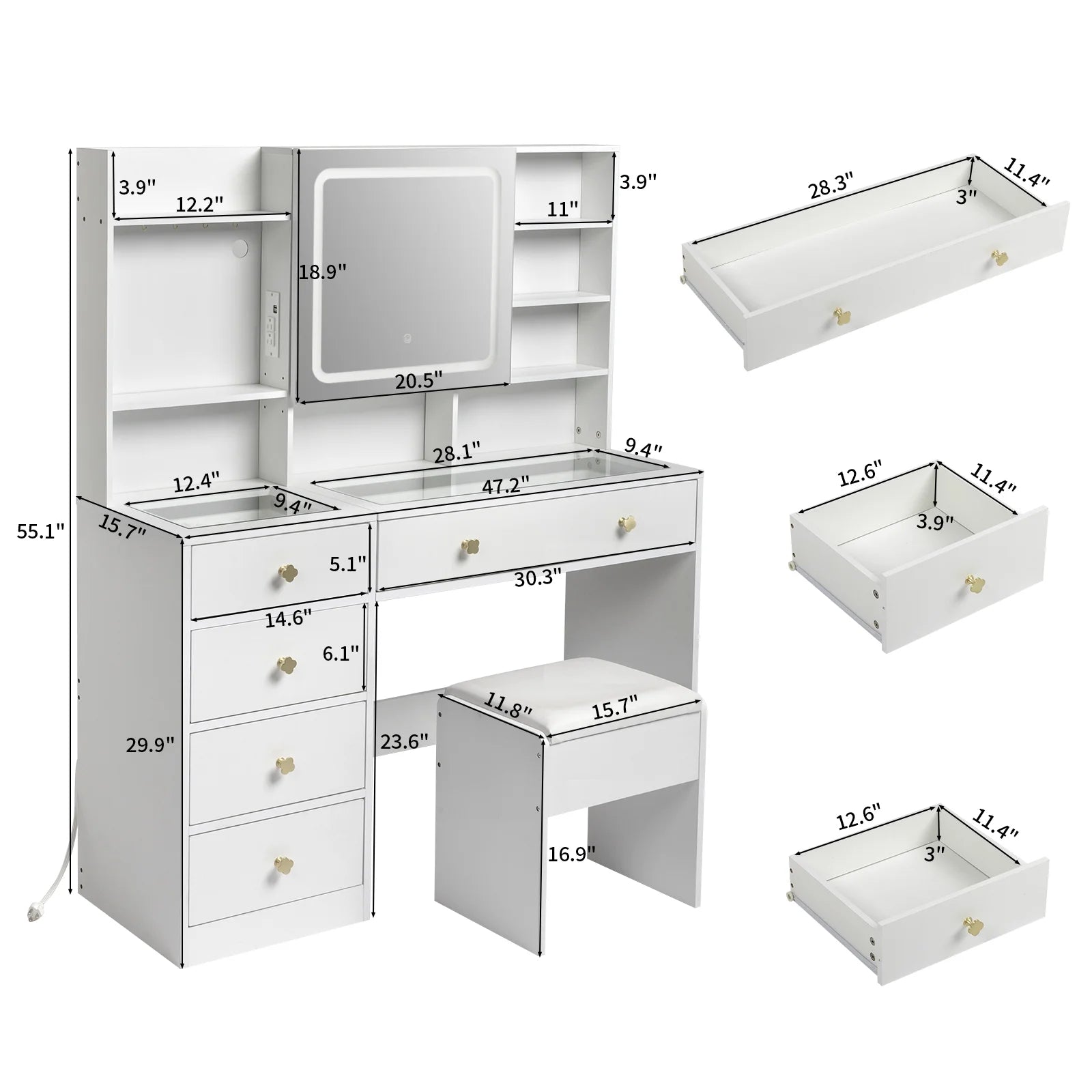Large 47.2" Makeup Vanity with 3 Color Lights, Dressing Table with USB Charging Station, Gray