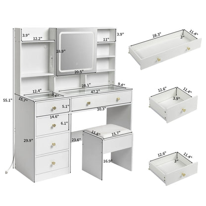 Large 47.2" Makeup Vanity with 3 Color Lights, Dressing Table with USB Charging Station, Gray
