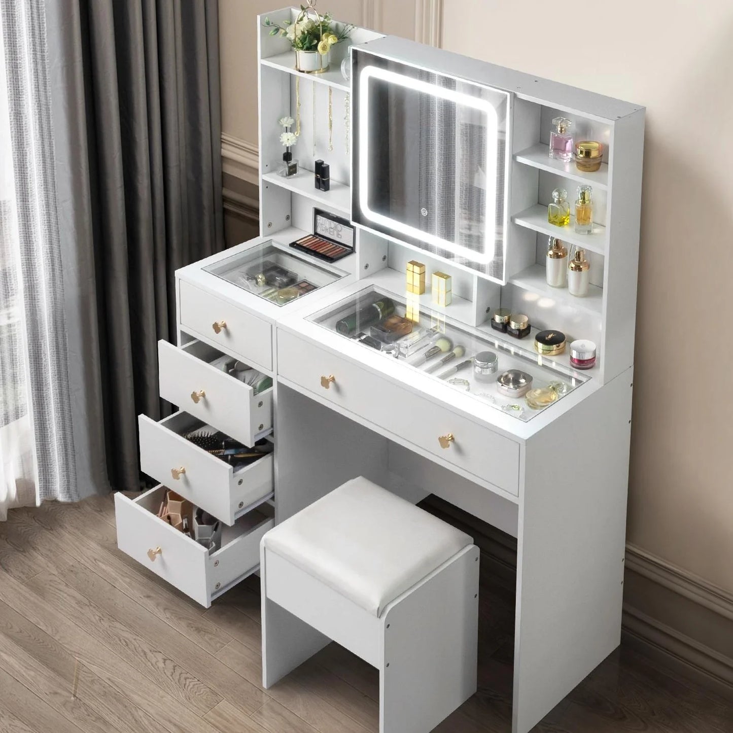 Large 47.2" Makeup Vanity with 3 Color Lights, Dressing Table with USB Charging Station, Gray