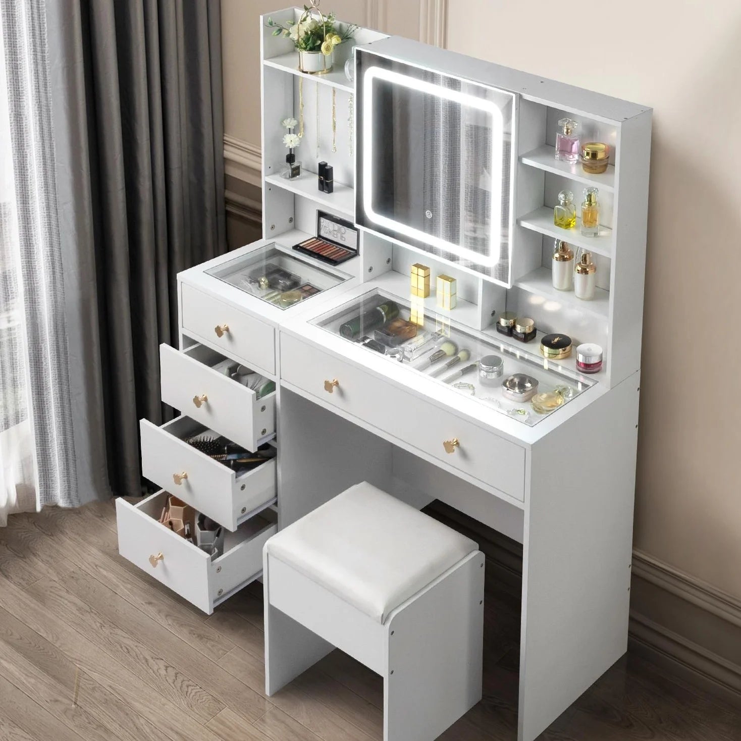 Large 47.2" Makeup Vanity with 3 Color Lights, Dressing Table with USB Charging Station, Gray